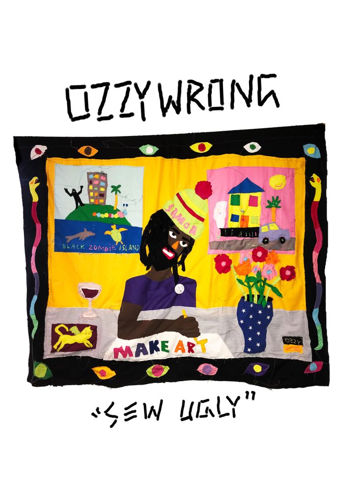 Ozzy Wrong Sew Ugly exhibition artwork: stitched quilt with 'Make Art' and Black Zombie Island scenes