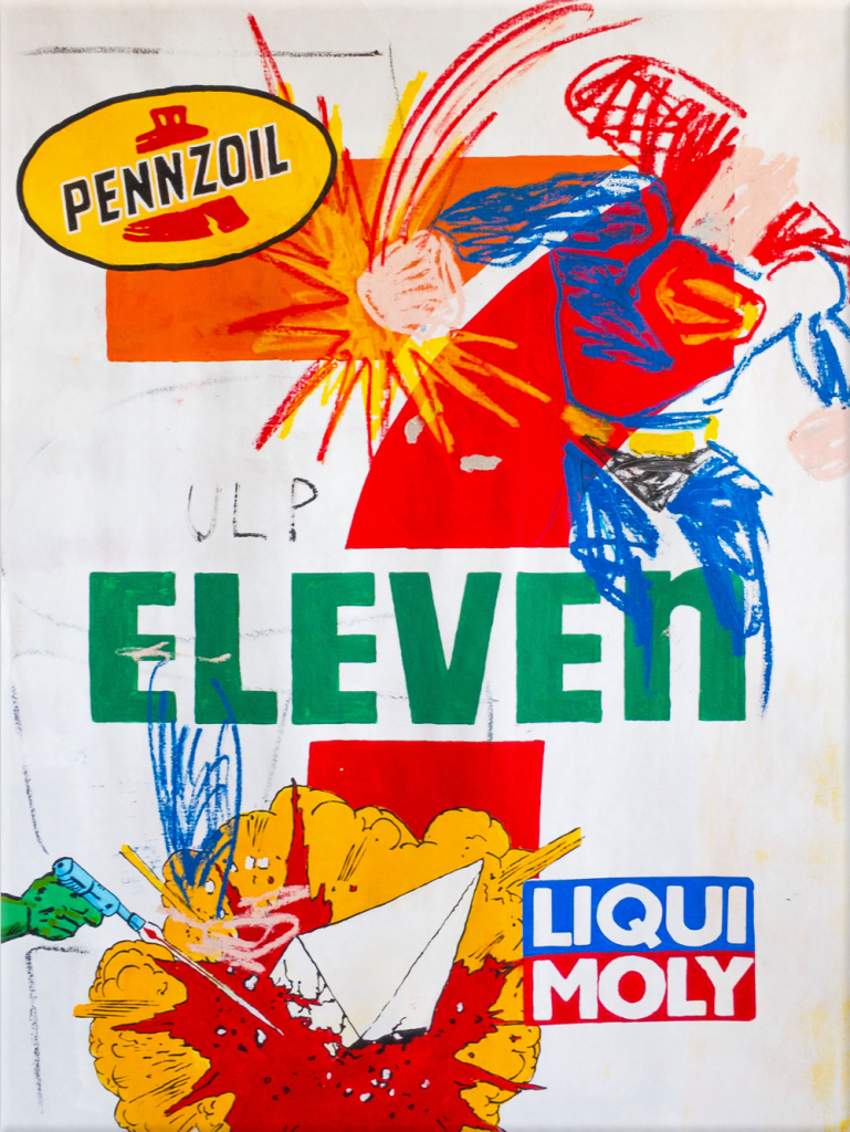 Painting by Rad Dan remixing 7-Eleven, Pennzoil and Liqui Moly logos with crayon scribbles