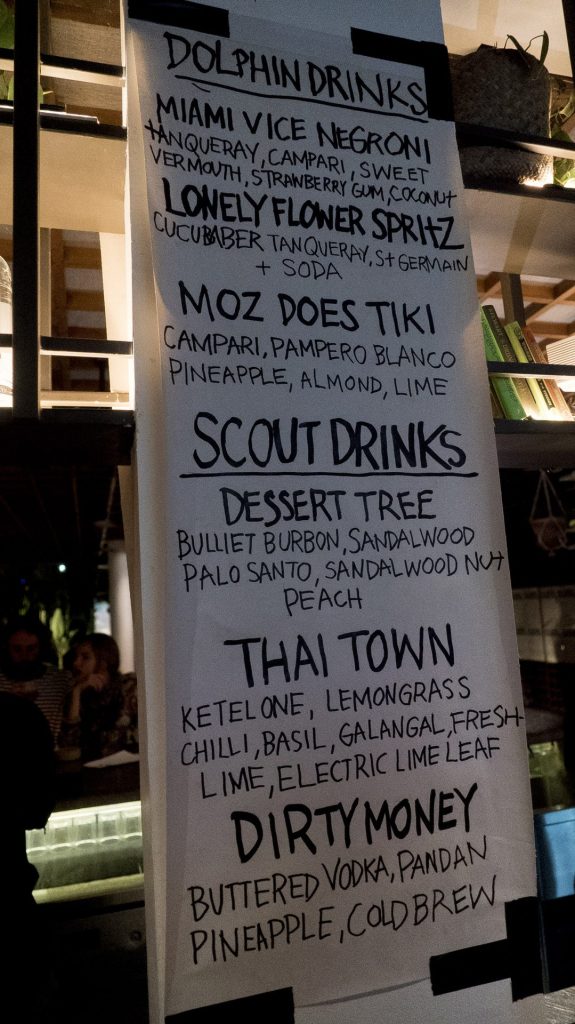 Handwritten cocktail menu listing Dolphin drinks and Scout drinks for the Reverse Aperitivo takeover